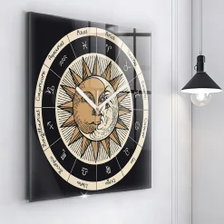 Horloge murale Wallfluent 60x60 cm Aiguilles blanches Soleil et signes du zodiaque 1 pcs