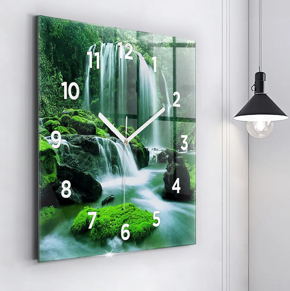 Horloge murale Wallfluent 60x60 cm Avec chiffres Aiguilles blanches Cascade parmi la mousse 1 pcs