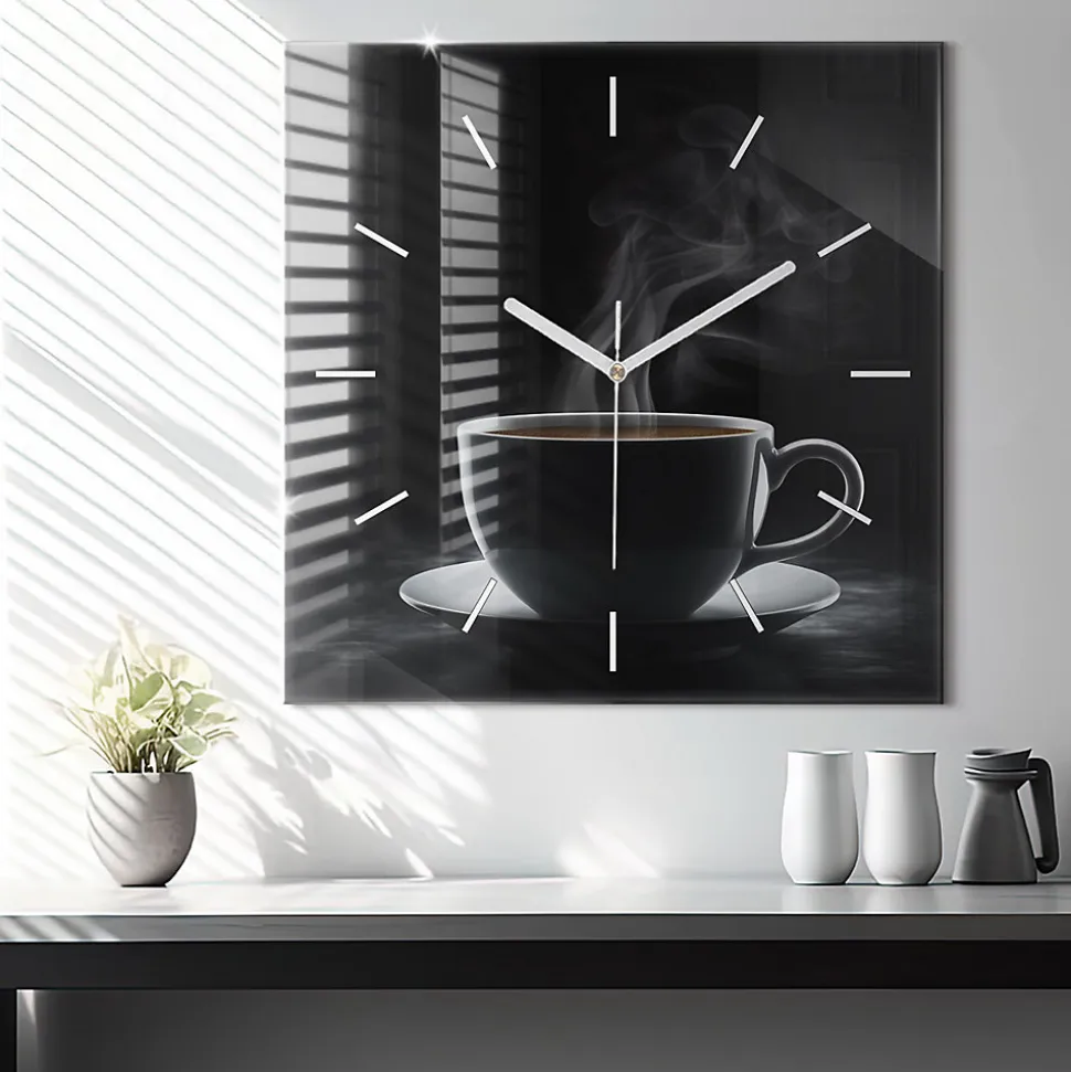 Horloge murale Wallfluent 60x60 cm Aiguilles blanches Tasse de café noir 1 pcs