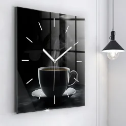 Horloge murale Wallfluent 60x60 cm Aiguilles blanches Tasse de café noir 1 pcs