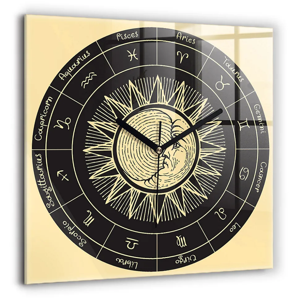 Horloge murale Wallfluent 60x60 cm Aiguilles noires Zodiaques et Soleil 1 pcs