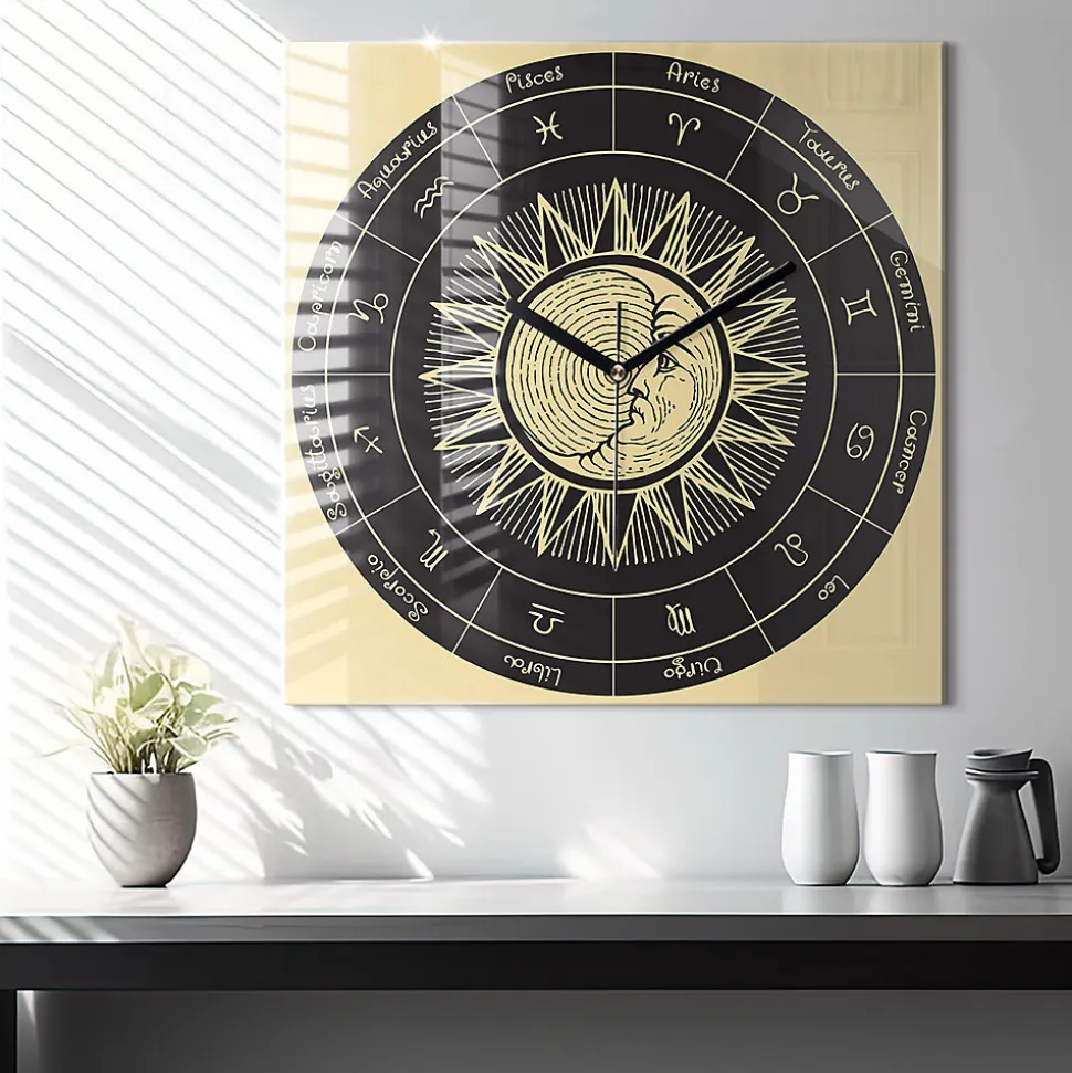 Horloge murale Wallfluent 60x60 cm Aiguilles noires Zodiaques et Soleil 1 pcs