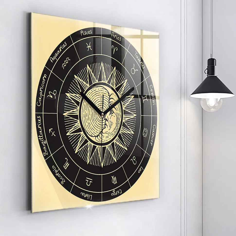 Horloge murale Wallfluent 60x60 cm Aiguilles noires Zodiaques et Soleil 1 pcs