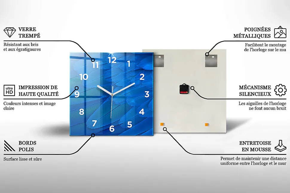 Horloge murale Wallfluent 60x60 cm Avec chiffres Aiguilles blanches Motif mur sombre 1 pcs