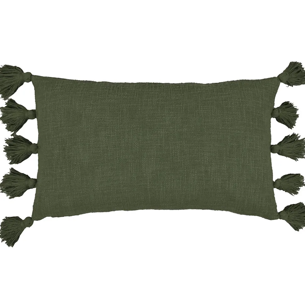Housse de coussin à pompons en coton vert kaki L.50 x l.30cm Deko & Co