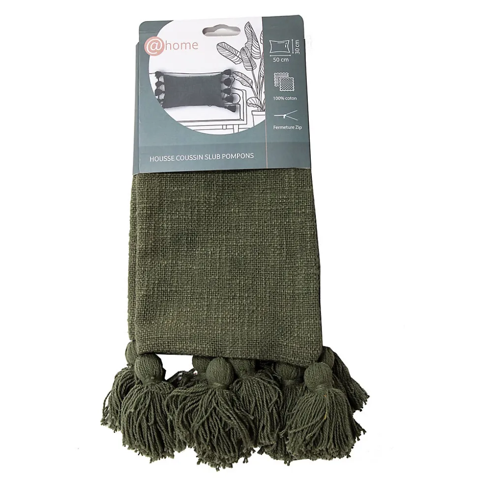 Housse de coussin à pompons en coton vert kaki L.50 x l.30cm Deko & Co