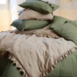 Housse de coussin en mousseline de coton volant central 40x60 cm cm ELZA vert mousse
