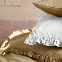 Housse de coussin en mousseline de coton volant central 45x45 cm cm ELZA blanc neige
