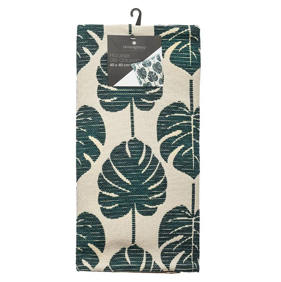Housse de coussin Feuilles - coton et chenille - vert - 40x40 cm - Atmosphera