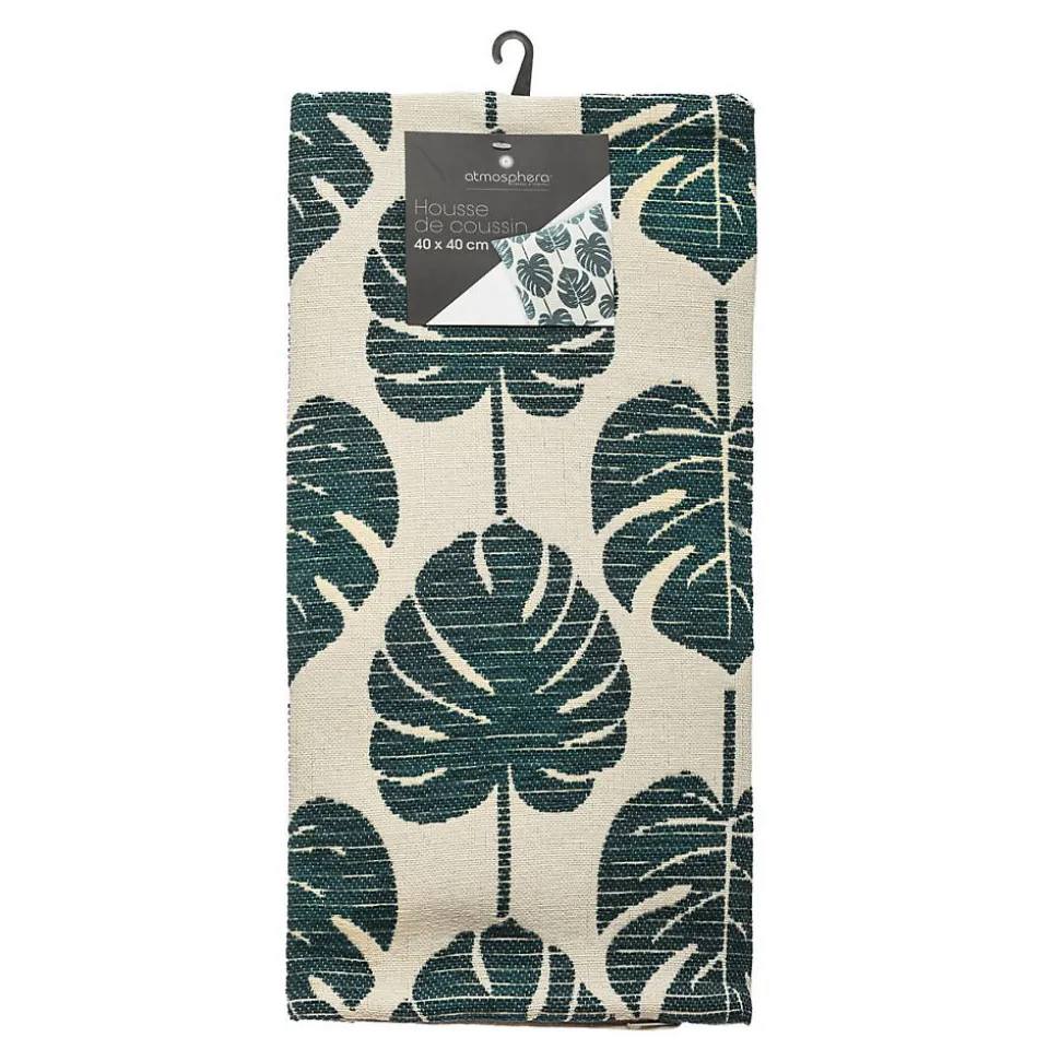 Housse de coussin Feuilles - coton et chenille - vert - 40x40 cm - Atmosphera