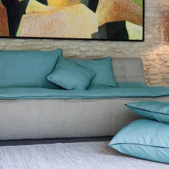 Housse de coussin PRELUDE 80x80 cm lin et coton lavé bleu Topaze