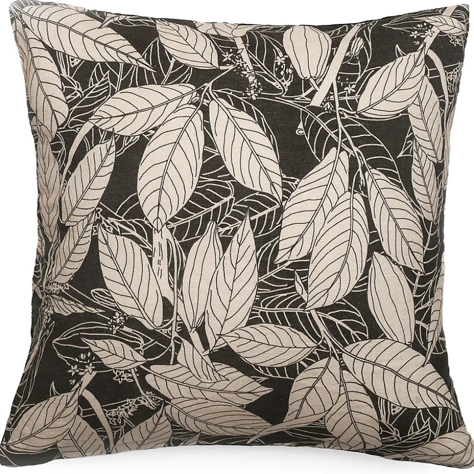 Housse de coussin 45x45 cm lin lavé imprimé végétal HELIOS noir Café