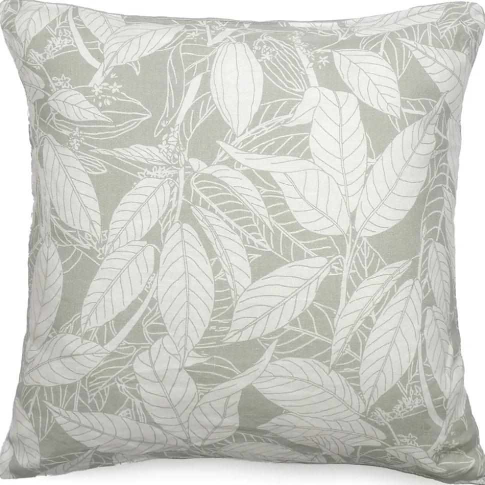 Housse de coussin 45x45 cm lin lavé imprimé végétal HELIOS gris Lichen