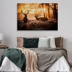Image Sur Toile CERF Lever du Soleil 3D 120cm x 80cm - Parfait pour décorer votre salon, chambre ou bureau avec un design unique