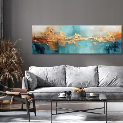 Impression sur toile abstrait or bleu moderne 145x45 cm xxl tableau décoration deco murale intissée pour salon chambre cuisine