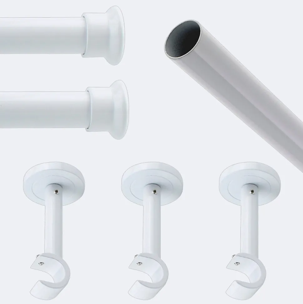 Kit de tringle à rideaux Blanc 250cm Diam.20mm Embout Chapeau - Fixation Mur - Boulet