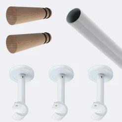 Kit de tringle à rideaux Blanc 250cm Diam.20mm Embout Cône Bois - Fixation Mur - Boulet