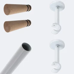 Kit de tringle à rideaux Blanc 200cm Diam.20mm Embout Cône Bois - Fixation Mur - Boulet