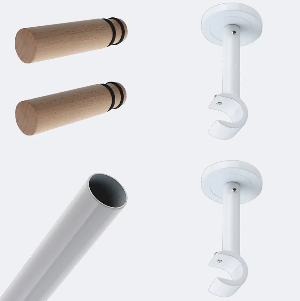 Kit de tringle à rideaux Blanc 200cm Diam.20mm Embout Cylindre Droit Bois - Fixation Mur - Boulet
