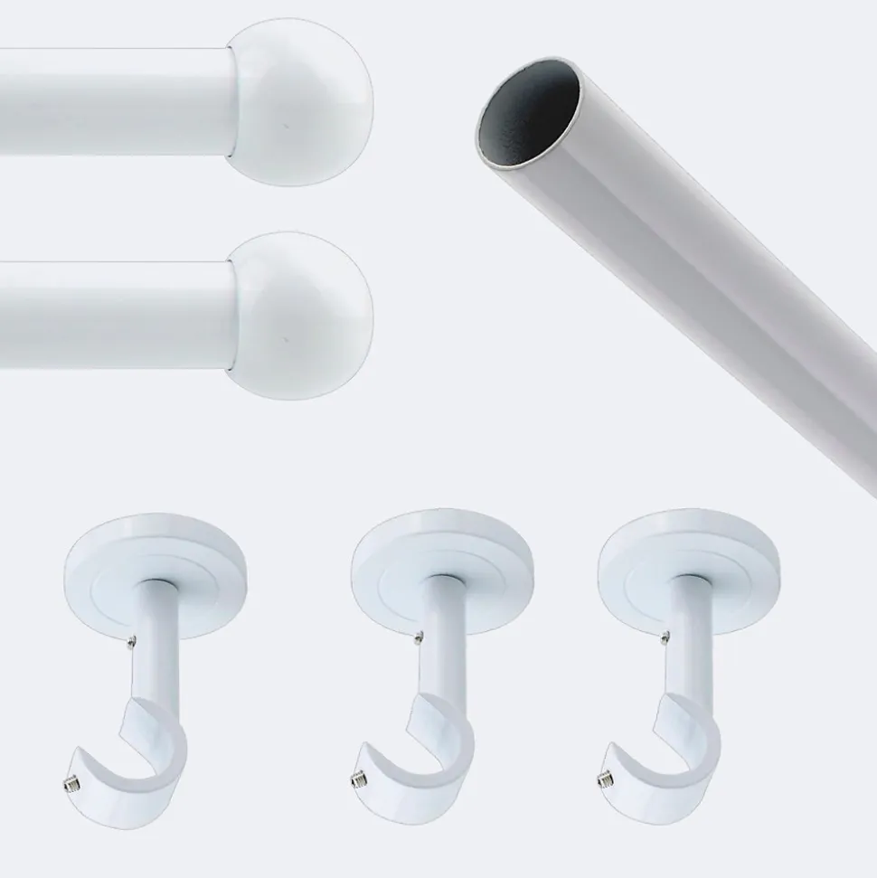 Kit de tringle à rideaux Blanc 250cm Diam.20mm Embout Boule - Fixation Plafond - Boulet