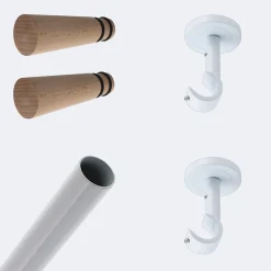 Kit de tringle à rideaux Blanc 150cm Diam.20mm Embout Cône Bois - Fixation Plafond - Boulet