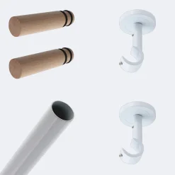 Kit de tringle à rideaux Blanc 200cm Diam.20mm Embout Cylindre Droit Bois - Fixation Plafond - Boulet