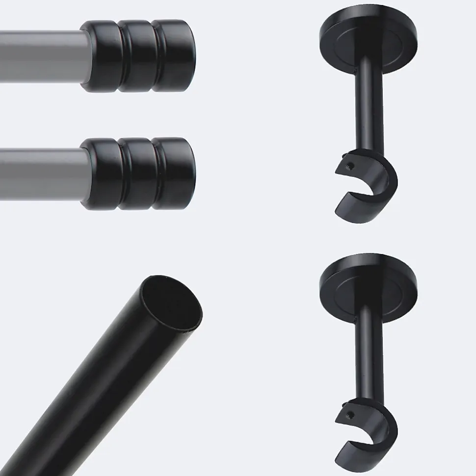 Kit de tringle à rideaux Noir Mat 200cm Diam.20mm Embout Cylindre 2ST - Fixation Mur - Boulet