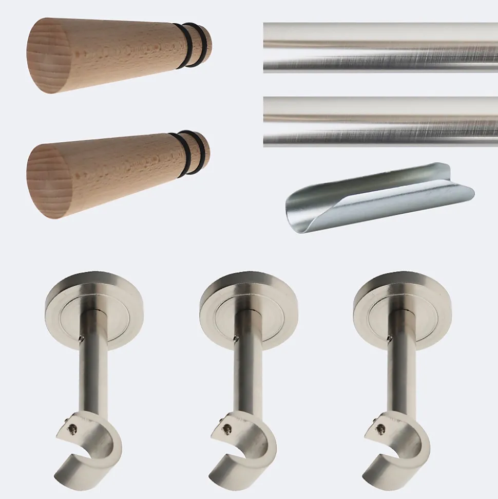 Kit de tringle à rideaux Nickel Mat 300cm Diam.20mm Embout Cône Bois - Fixation Mur - Boulet