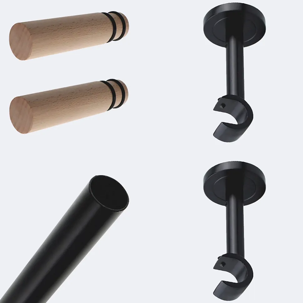 Kit de tringle à rideaux Noir Mat 150cm Diam.20mm Embout Cylindre Bois - Fixation Mur - Boulet