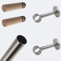 Kit de tringle à rideaux Nickel Mat 150cm Diam.28mm Embout Cylindre Bois - Fixation Mur - Boulet
