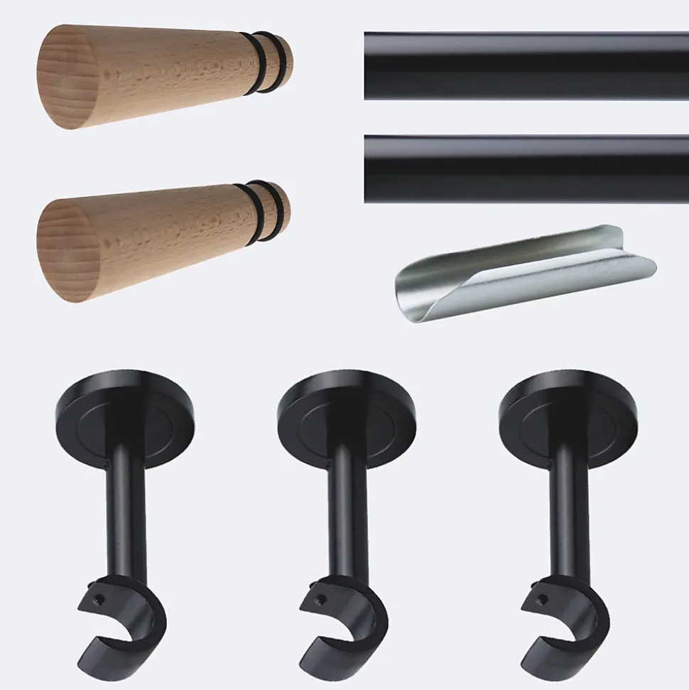 Kit de tringle à rideaux Noir Mat 300cm Diam.20mm Embout Cône Bois - Fixation Mur - Boulet