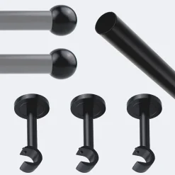 Kit de tringle à rideaux Noir Mat 250cm Diam.20mm Embout Boule - Fixation Mur - Boulet