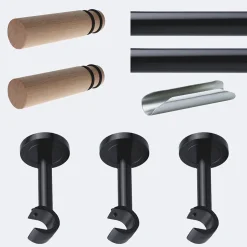 Kit de tringle à rideaux Noir Mat 300cm Diam.20mm Embout Cylindre Bois - Fixation Mur - Boulet