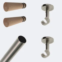 Kit de tringle à rideaux Nickel Mat 150cm Diam.20mm Embout Cône Bois - Fixation Plafond - Boulet