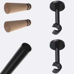 Kit de tringle à rideaux Noir Mat 200cm Diam.20mm Embout Cône Bois - Fixation Mur - Boulet