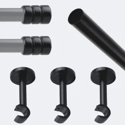 Kit de tringle à rideaux Noir Mat 250cm Diam.20mm Embout Cylindre 2ST - Fixation Mur - Boulet