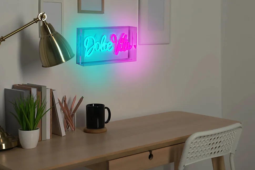 Lampe d'écriture LED 'Dolce Vita' Décoration pour l'intérieur 30 x 15 cm, en bleu et magenta-rouge