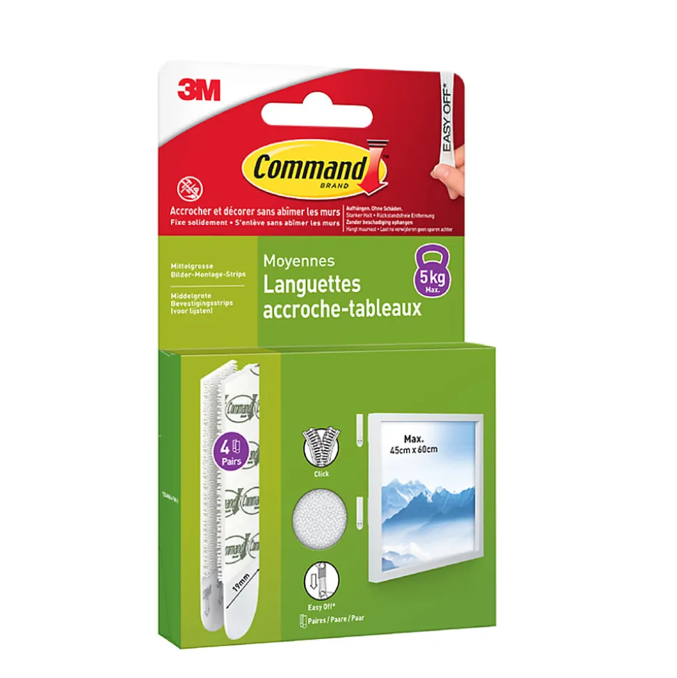 Languette adhésive accroche-tableaux moyennes 3M Command max 5kg - 4 paires