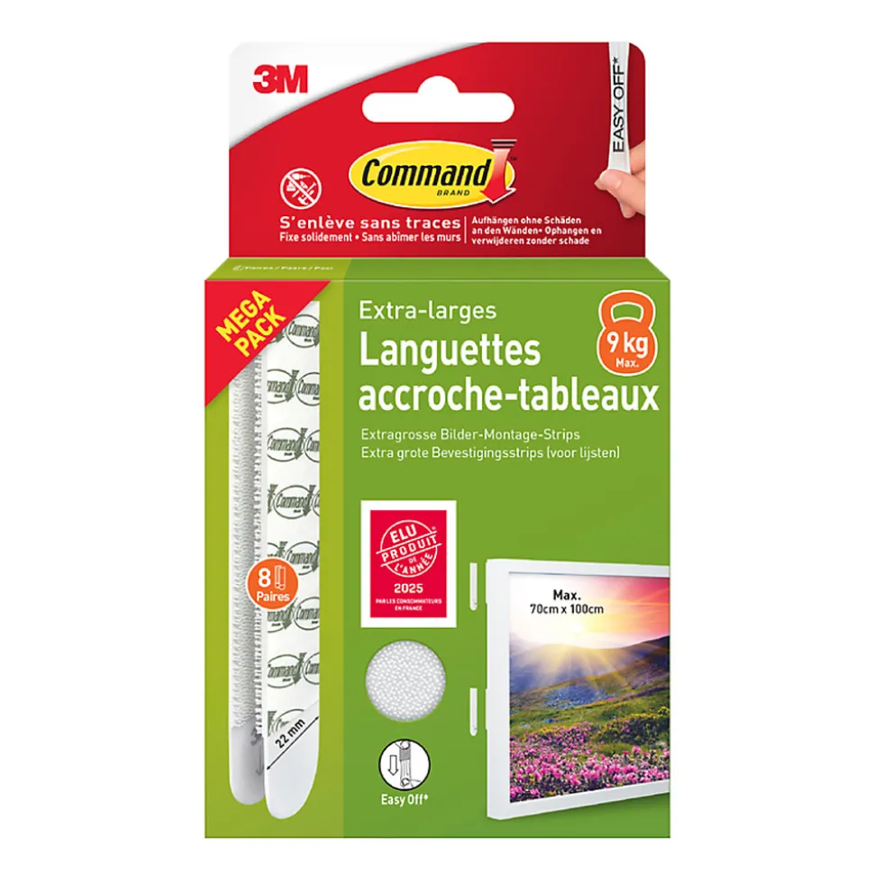 Languette adhésive accroche tableau 3M Command blanc XL - 8 paires