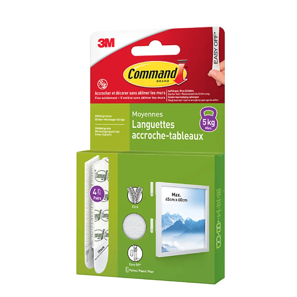 Languette adhésive accroche-tableaux moyennes 3M Command max 5kg - 4 paires