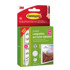 Languette adhésive accroche-tableaux grandes 3M Command max 7kg - 6 pièces