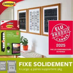 Languette adhésive accroche tableau 3M Command noir XL - 4 paires