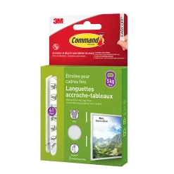 Languette adhésive accroche-tableaux étroites pour cadres fins 3M Command max 5kg - 4 paires