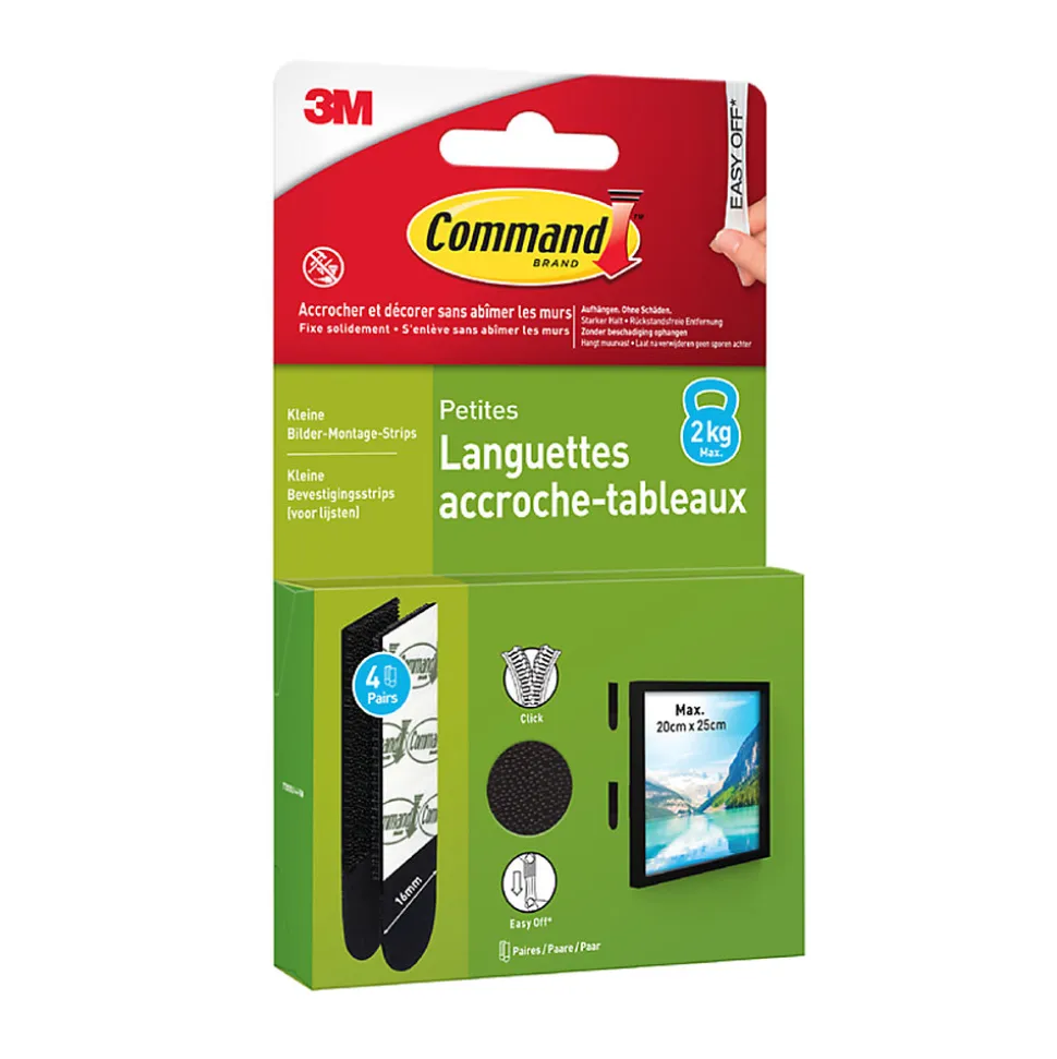 Languette adhésive accroche-tableaux petites 3M Command max 2kg - 4 paires noir
