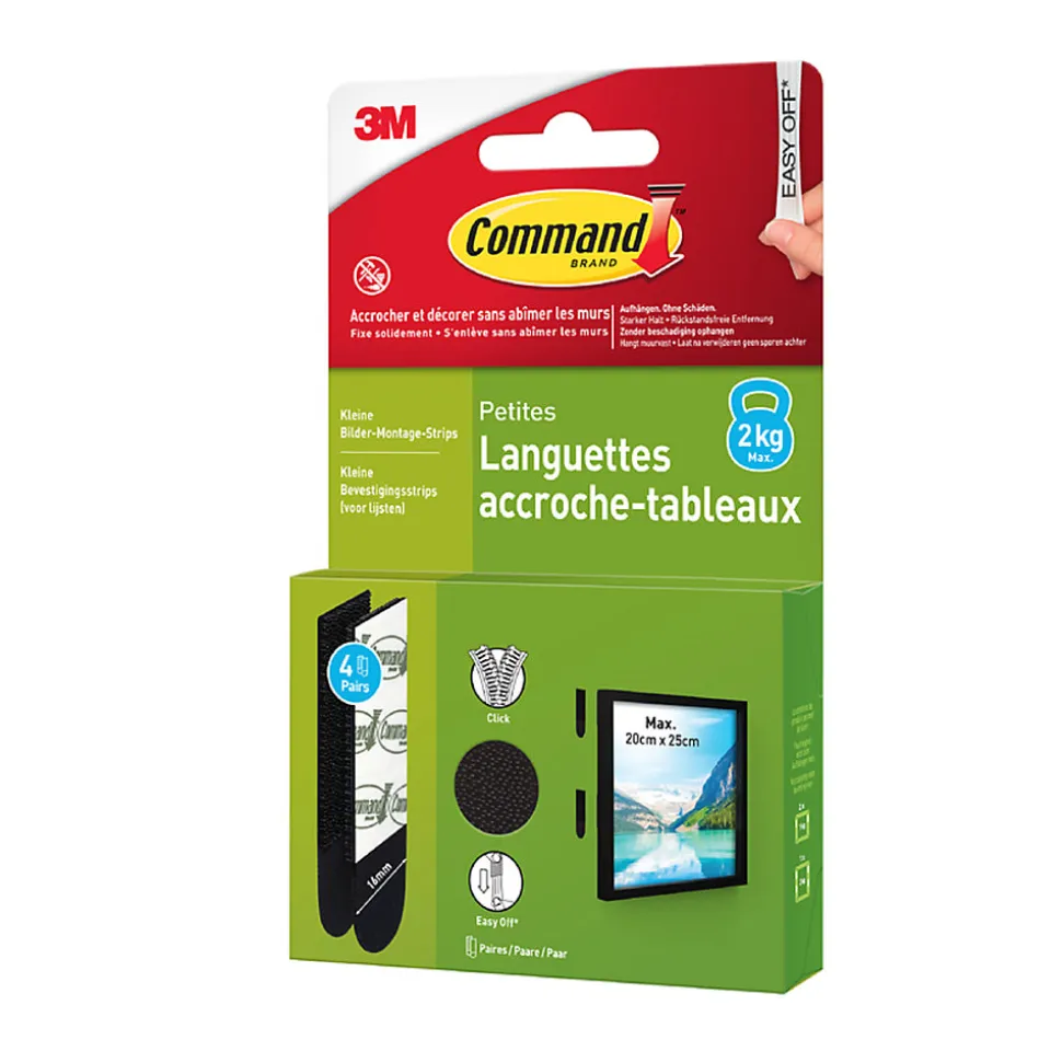 Languette adhésive accroche-tableaux petites 3M Command max 2kg - 4 paires noir