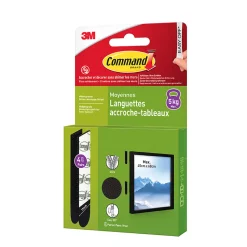 Languette adhésive accroche-tableaux moyennes 3M Command max 5kg - 4 paires noir