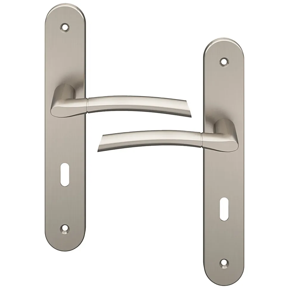 Lot 3 poignées sur plaque rond serrure GoodHome Hirel effet nickel satin gris L.128mm x l.40mm entraxe 195mm