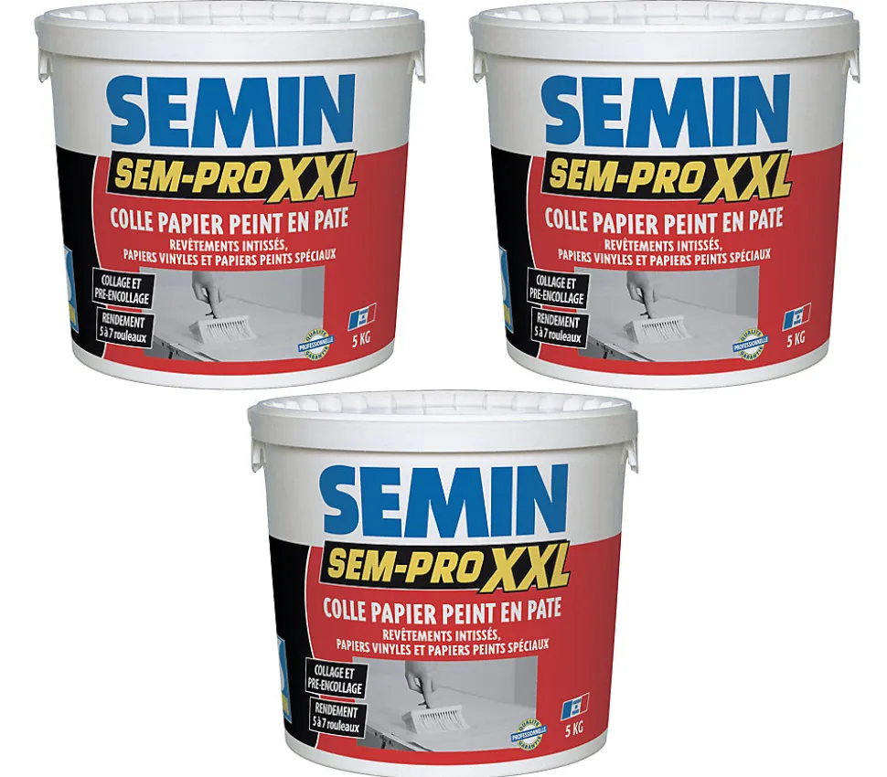 Lot de 3 colles Papiers Peints en Pâte Semin Sem-Pro XXL, Prêt à l'Emploi, Seau de 5 kg