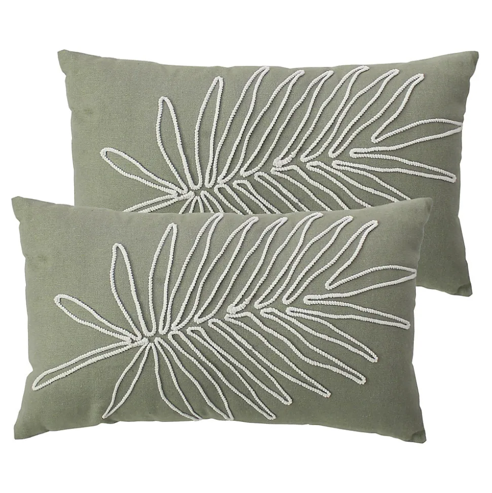 Lot de 2 Coussins déhoussables, rectangulaire 30x50cm, Olive, Broderie feuille Ecru, Collection Mambo, CMADECO