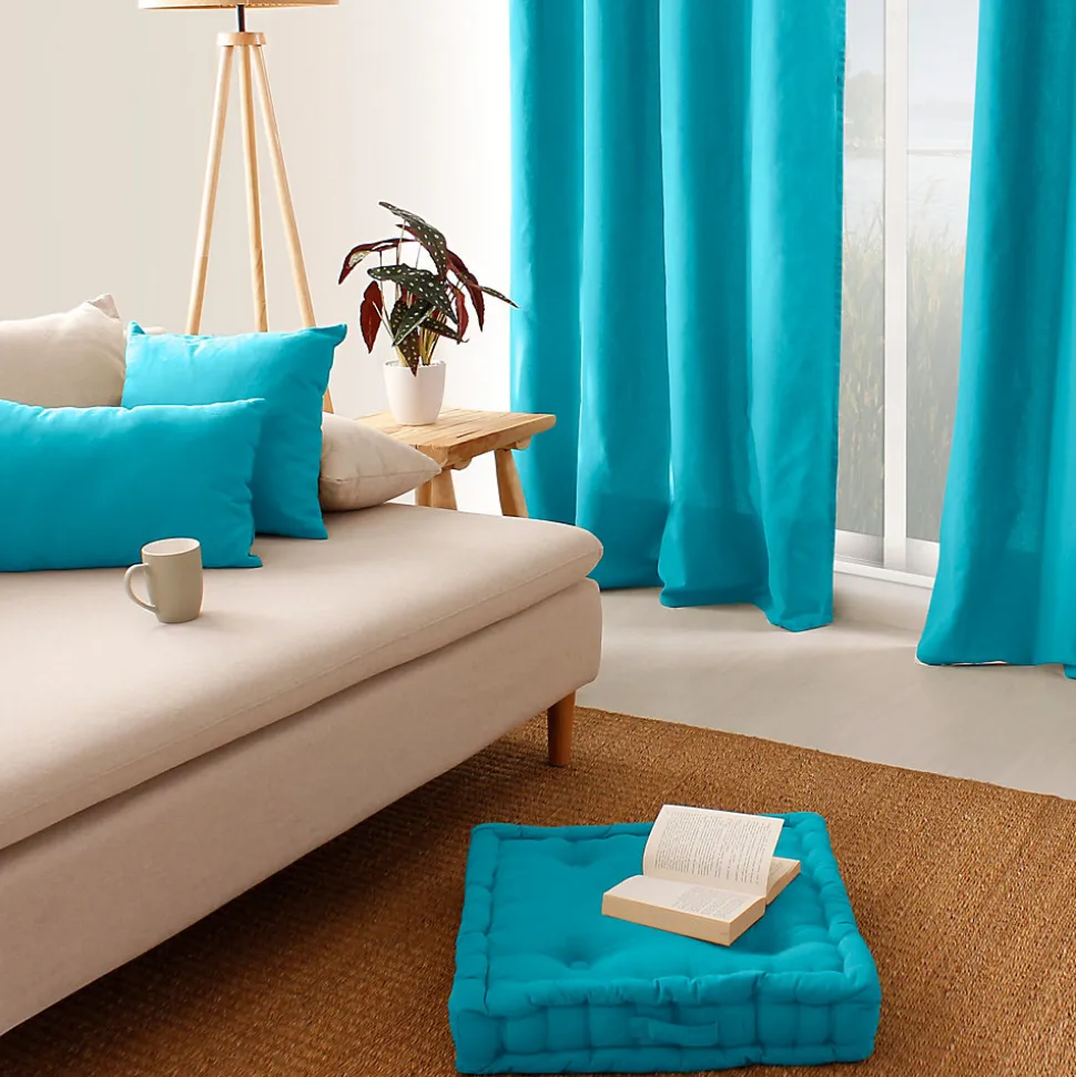 Lot de 2 coussins déhoussables, carré 60x60cm, turquoise, 100% coton, collection Panama, CMADECO